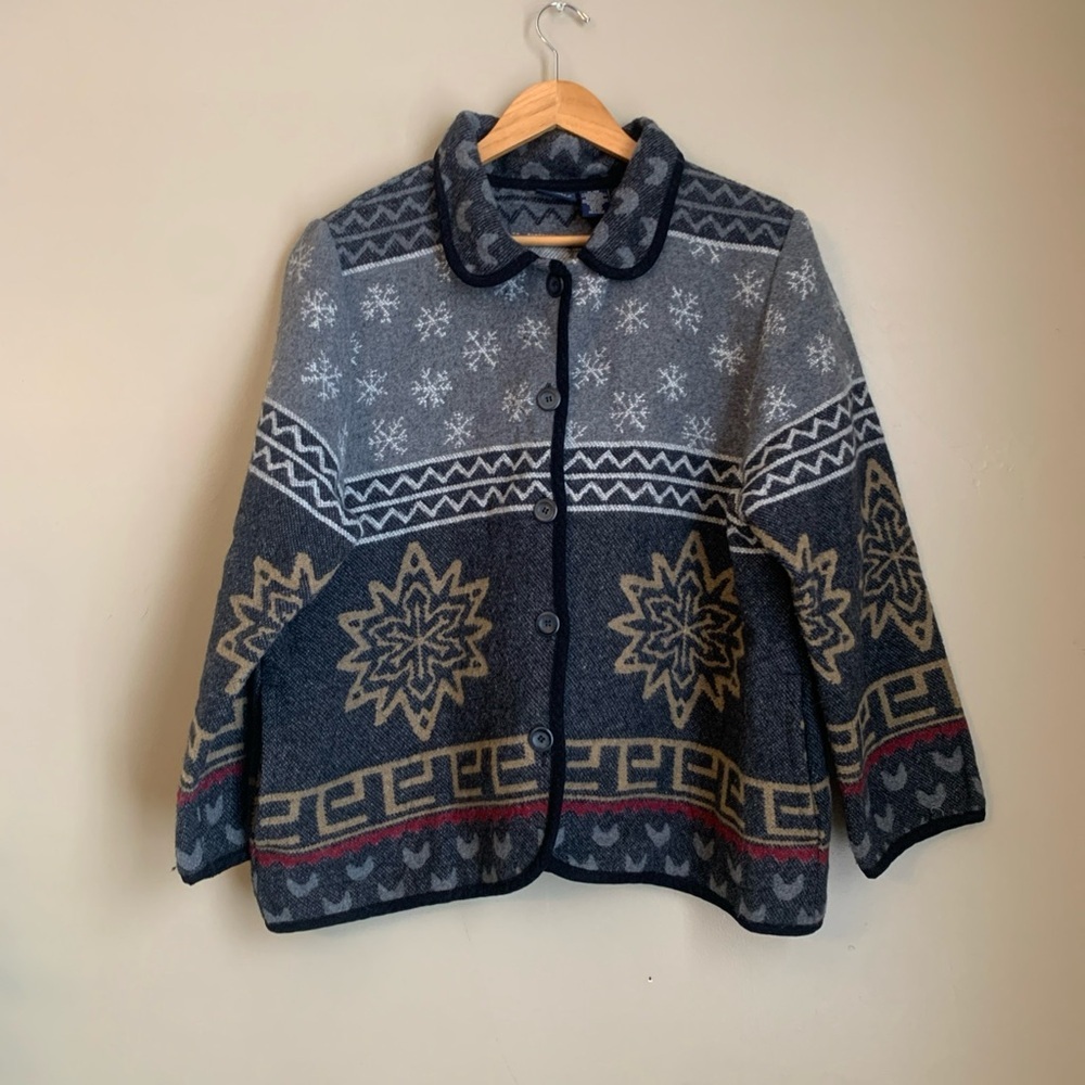 Sonoma Wool Blend Blanket Coat XL Snowflake Winter Print Jacket Pockets Blazer
